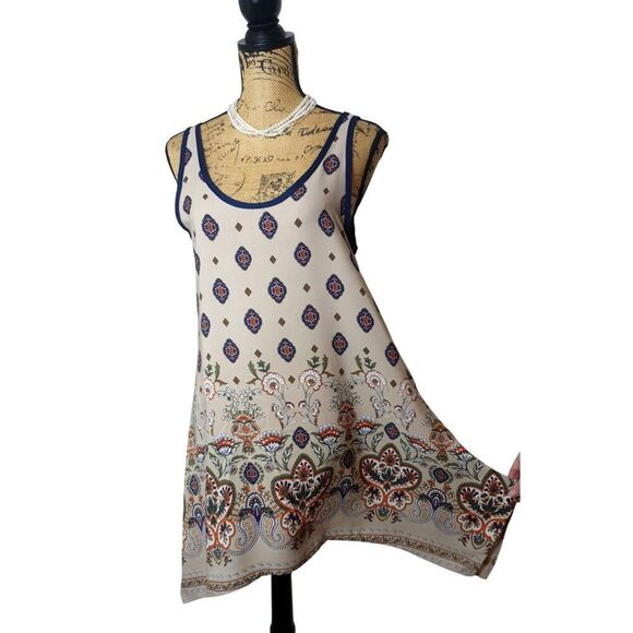 Sleeveless Bohemian Floral Dress Sm Beige Western Nature Sundress Asymmetrical - Picture 5 of 7